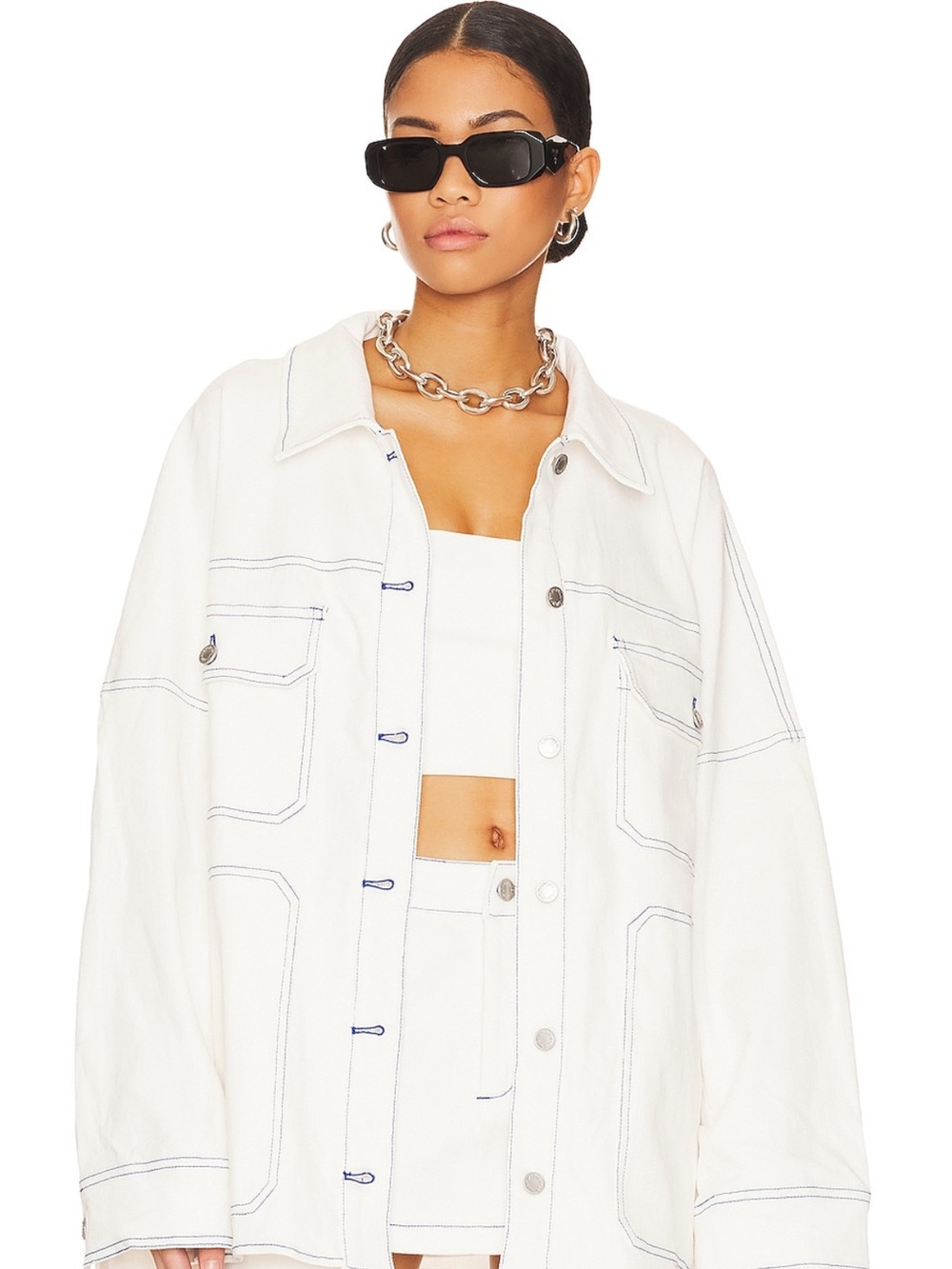 By DYLN Women's White Oversized Jacket with Contrast Stitching